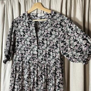 Natural Life Black Floral Tiered Midi Dress Short Sleeve Medium Summer Cottage